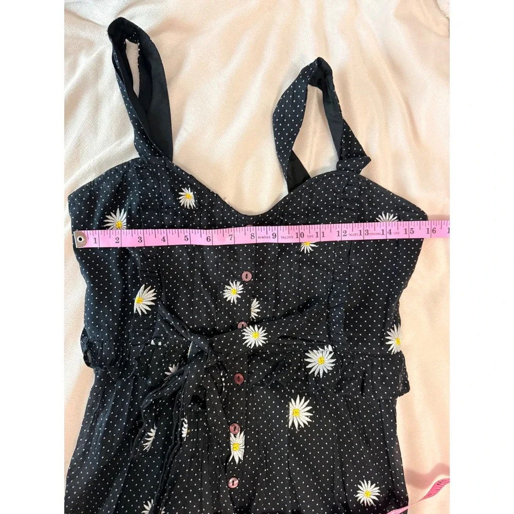 Free People Black Daisy Polka Dot Tiered Midi Dress Button Small